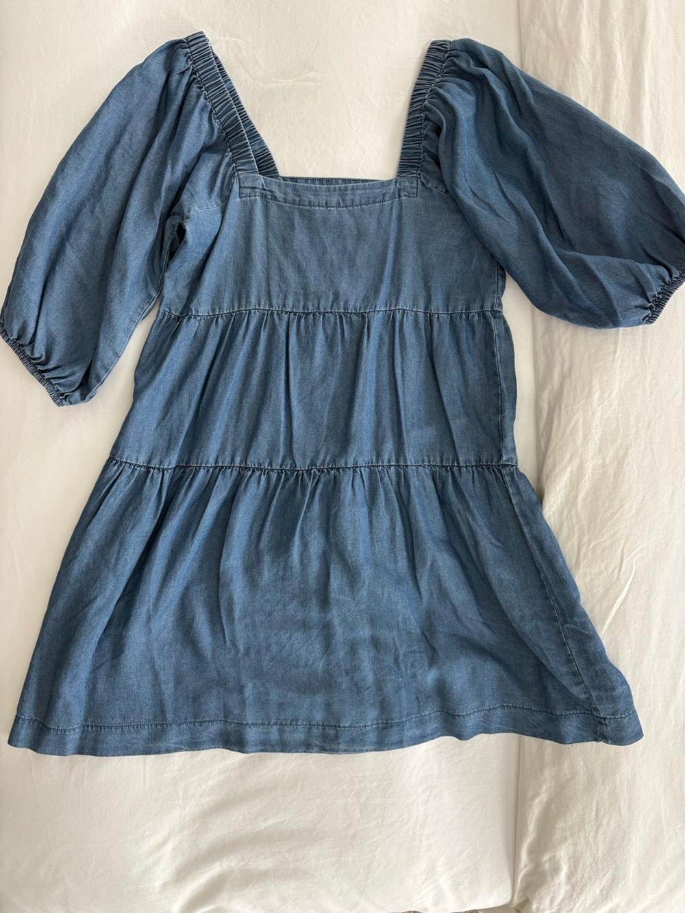 Denim-Effect Blue Midi Dress with Puff Sleeves